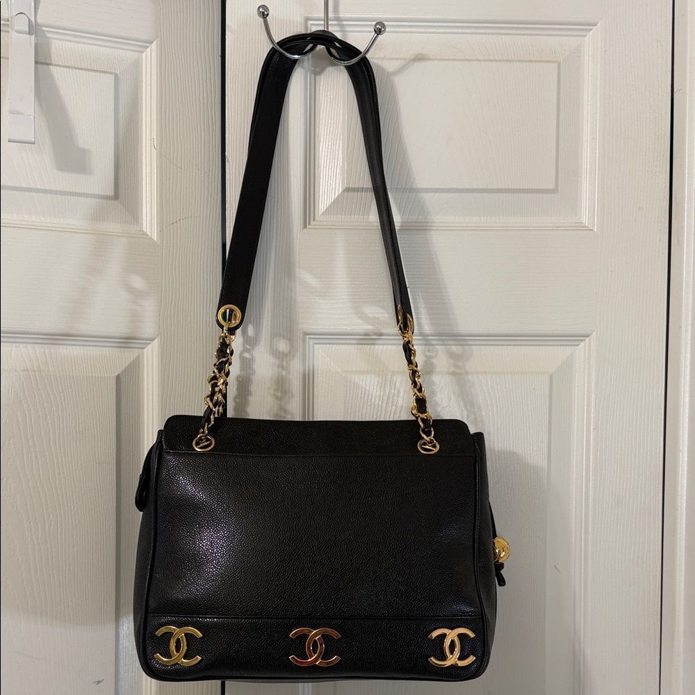 Authentic Chanel Triple CC Black/Gold Caviar Leather Chanel Shoulder Bag. - Picture 6 of 17